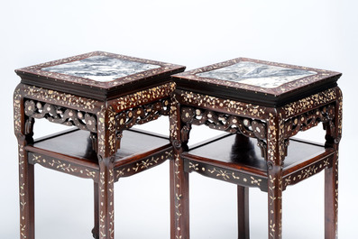A pair of Chinese hongmu two-tier stands with marble top and mother-of-pearl inlay, Canton, 19th C.