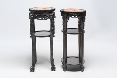 Two Chinese homgmu two-tier stands with marble top and a wooden square stand, 19/20th C.