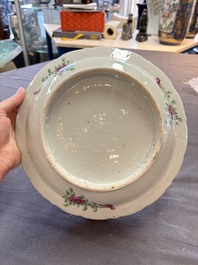 Four Chinese Canton famille rose plates and a covered double-teapot, 19th C.