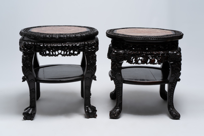 Two Chinese marble-topped hongmu two-tier stands, 19/20th C.