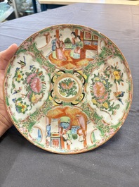 Four Chinese Canton famille rose plates and a covered double-teapot, 19th C.