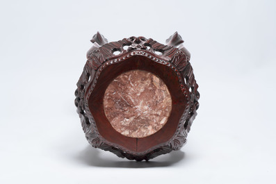 Three Chinese hongmu stands with marble top, 20th C.