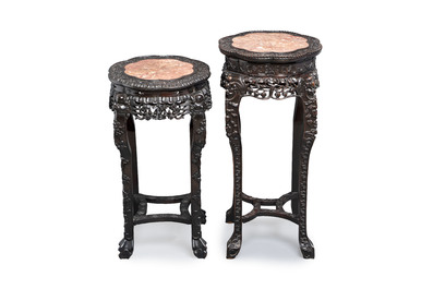 Two Chinese hongmu stands with marble top, Canton, 19th C.