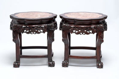 Three Chinese marble-topped hongmu stands, 20th C.