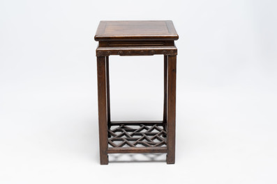 Two Chinese homgmu two-tier stands with marble top and a wooden square stand, 19/20th C.