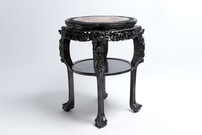 A Chinese hongmu two-tier stand with marble top, Canton 19th C.