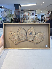 A framed Tibetan silk-embroidered four-leaf ritual crown with Transcendent Buddhas, 18th C.