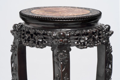 Two Chinese homgmu two-tier stands with marble top and a wooden square stand, 19/20th C.