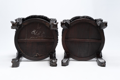 Two Chinese marble-topped hongmu two-tier stands, 19/20th C.