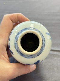 A varied collection of eight Chinese blue and white vases, two teapots and two loving cups, Kangxi/Qianlong