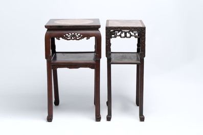 Three Chinese marble-topped hongmu stands, 19/20th C.