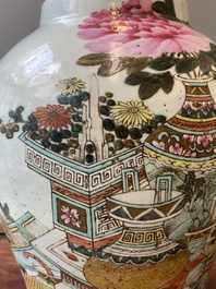 A Chinese qianjiang cai 'antiquities' covered vase and a basin with figural design, signed Yu Yicheng 俞意誠 and Xu Shanqin 徐善琴, 19th C., one dated 1893