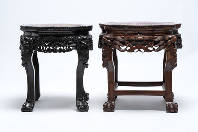 Three Chinese marble-topped hongmu stands, 19/20th C.