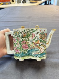 Four Chinese Canton famille rose plates and a covered double-teapot, 19th C.