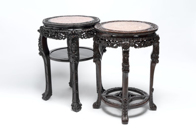 Two Chinese marble-topped hongmu two-tier stands, 19/20th C.