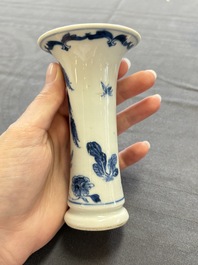A varied collection of eight Chinese blue and white vases, two teapots and two loving cups, Kangxi/Qianlong