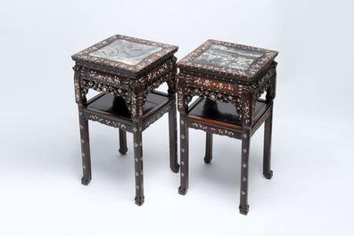 A pair of Chinese hongmu two-tier stands with marble top and mother-of-pearl inlay, Canton, 19th C.