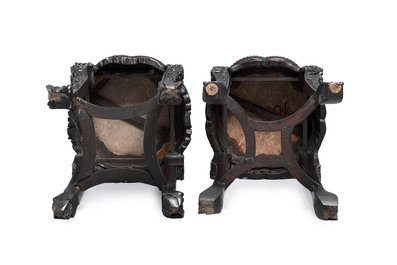 Two Chinese hongmu stands with marble top, Canton, 19th C.