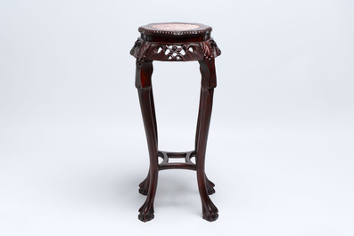 Three Chinese hongmu stands with marble top, 20th C.