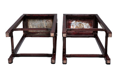 A pair of Chinese rectangular hongmu stands with marble top, Canton, 20th C.