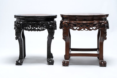 Three Chinese marble-topped hongmu stands, 19/20th C.