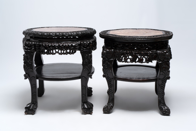 Two Chinese marble-topped hongmu two-tier stands, 19/20th C.