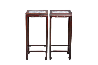 A pair of Chinese rectangular hongmu stands with marble top, Canton, 20th C.