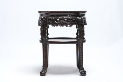 Three Chinese marble-topped hongmu stands, 19/20th C.