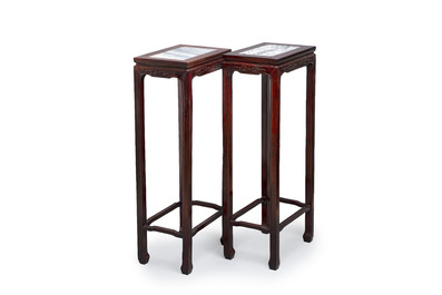 A pair of Chinese rectangular hongmu stands with marble top, Canton, 20th C.