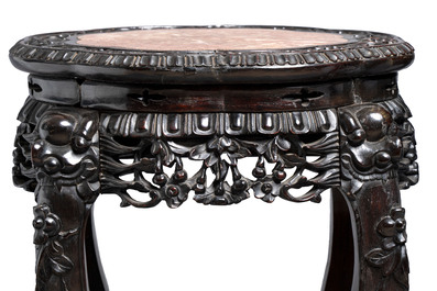 Two Chinese hongmu stands with marble top, Canton, 19th C.