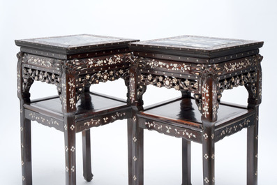 A pair of Chinese hongmu two-tier stands with marble top and mother-of-pearl inlay, Canton, 19th C.