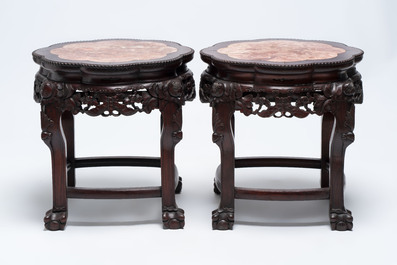 Three Chinese marble-topped hongmu stands, 20th C.