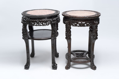 Two Chinese marble-topped hongmu two-tier stands, 19/20th C.