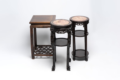 Two Chinese homgmu two-tier stands with marble top and a wooden square stand, 19/20th C.