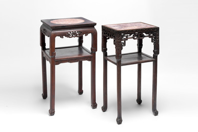 Three Chinese marble-topped hongmu stands, 19/20th C.