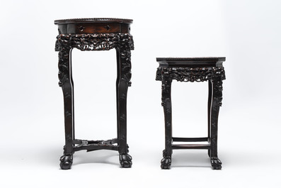 Two Chinese marble-topped hongmu stands, 19th C.