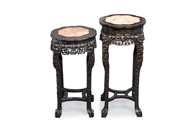 Two Chinese hongmu stands with marble top, Canton, 19th C.