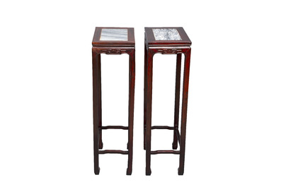A pair of Chinese rectangular hongmu stands with marble top, Canton, 20th C.