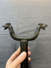 An Indo-Mughal bronze and wooden dervish crutch, 18/19th C.