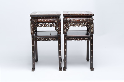 A pair of Chinese hongmu two-tier stands with marble top and mother-of-pearl inlay, Canton, 19th C.