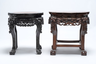 Three Chinese marble-topped hongmu stands, 19/20th C.