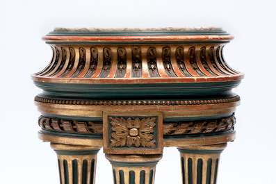 A neoclassical-style gilt-lacquered wooden tripod stand with a marble top, possibly France, 19/20th C.