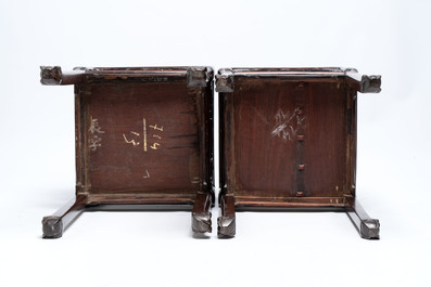 A pair of Chinese hongmu two-tier stands with marble top and mother-of-pearl inlay, Canton, 19th C.