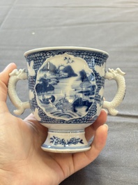 A varied collection of eight Chinese blue and white vases, two teapots and two loving cups, Kangxi/Qianlong