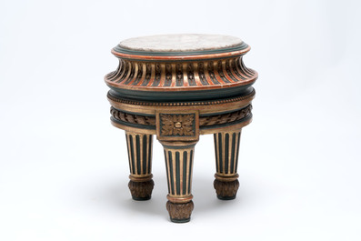 A neoclassical-style gilt-lacquered wooden tripod stand with a marble top, possibly France, 19/20th C.