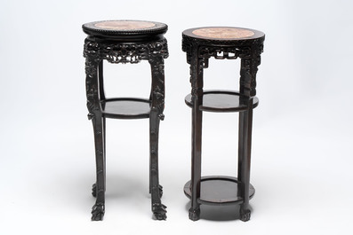 Two Chinese homgmu two-tier stands with marble top and a wooden square stand, 19/20th C.