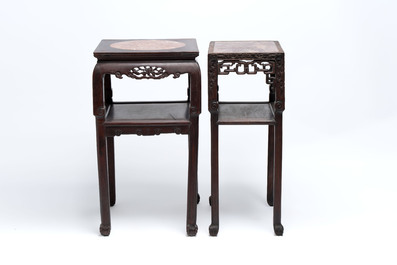Three Chinese marble-topped hongmu stands, 19/20th C.