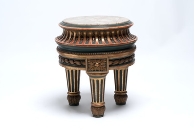 A neoclassical-style gilt-lacquered wooden tripod stand with a marble top, possibly France, 19/20th C.
