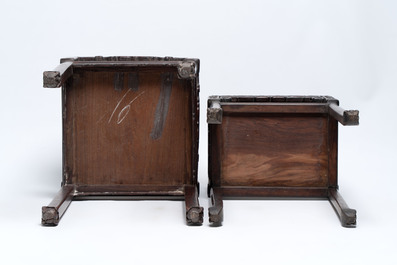 Three Chinese marble-topped hongmu stands, 19/20th C.