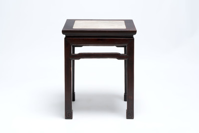 Three Chinese marble-topped hongmu stands, 19/20th C.